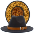 Close-up of black fedora with leopard print brim lining and brown faux leather belt - Black