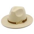 Detailed close-up of light beige fedora with brown leather band and golden metal buckle - Beige