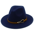 Detailed view of navy wool fedora hat with yellow leather strap and gold buckle - Dark Blue