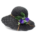 Black raffia straw sun hat with decorative purple roses and wide breathable brim - M (56-58cm) / Black And Purple Flower