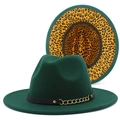 Detail of dark green wool fedora hat featuring metal chain and leopard print lining - Dark Green