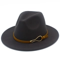 Close-up of a dark grey fedora hat featuring a tan leather band and a gold metal buckle - Dark Gray