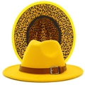 Close-up of yellow wool fedora featuring leopard print lining and brown faux leather belt - Yellow