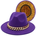 Chapeau fedora violet en laine avec chaîne dorée et doublure léopard à larges bords - Violet