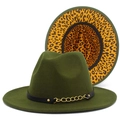 Olive green fedora hat with gold chain band and stylish leopard print lining - Army Green