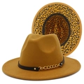 Detail of tan fedora hat featuring black leather band, gold chain and leopard lining - Brown