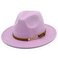 Classic wide brim fedora hat in lavender with brown leather band and gold buckle detail - Light Purple