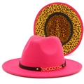Detail of rose red fedora hat with gold chain accent and leopard print brim lining - Rose Red