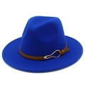 Detail of bright blue wool fedora hat with brown leather band and gold metal buckle - Sapphire Blue