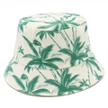 Cotton bucket hat with green palm tree print on off-white fabric for sun protection - One Size / Green