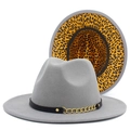 Classic light grey Fedora hat with leopard print lining and gold chain band detail - Gray