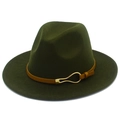 Detail of dark olive wide brim fedora with brown leather band and gold metal buckle - Army Green