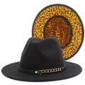 Detail of black wool fedora featuring leopard print lining and gold chain decoration - Black