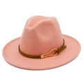 Close-up of pink wide brim fedora hat featuring a brown leather band and gold buckle - Flesh Pink