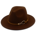 Detail of dark brown wool fedora with leather band and gold water-drop buckle - Coffee