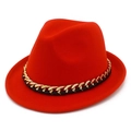 Roter Wollfilzhut für Damen und Herren mit schwarzem Band und goldener Metallkette - Rot