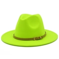Detail of neon green wool fedora hat featuring a brown belt with a gold buckle clasp - Neon Yellow