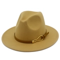 Detailed view of the khaki fedora with a brown leather band and gold buckle detail - Camel