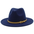 Close-up of dark blue wool fedora hat featuring khaki leather belt and gold buckle - Dark Blue