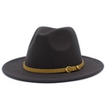Detail of broad brim fedora featuring a decorative brown leather belt and gold buckle - Dark Gray