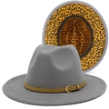 Detailed view of grey wool fedora hat featuring distinct leopard print lining and leather belt - Gray