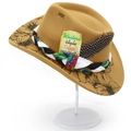 Detail of wool fedora with sunflower prints, woven band and decorative feather - One Size / Khaki