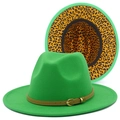 Detailed view of green fedora hat featuring leopard print lining and leather buckle strap - Green