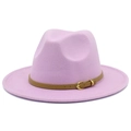 Detail of light pink wool fedora hat featuring a brown leather strap and golden buckle - Light Purple