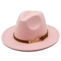 Elegant pink felt fedora hat with a wide brim and brown leather band with gold buckle - Pink