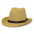 Détail du tissage en paille et de la bande noire avec boucle en métal sur le chapeau fedora - Marron