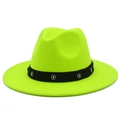 Close-up of wide brim fedora with neon green felt and rhinestone flower hatband - Neon Yellow