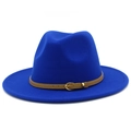 Detail of royal blue wool fedora hat with brown leather band and gold metal buckle - Sapphire Blue
