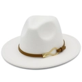 Classic white wool wide brim fedora hat with brown leather band and gold buckle - White