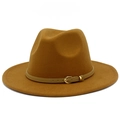 Detail of camel wool fedora hat featuring a slim brown leather band and gold metal buckle - Brown