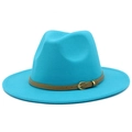 Detail view of a bright blue wool fedora hat with a brown leather buckle strap accent - Sky Blue