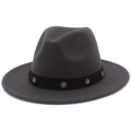 Detail view of dark grey fedora hat with black band featuring floral rhinestone buckles - Dark Gray