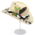 Cream wool felt western cowboy hat with floral brim, woven band, and natural feather detail - One Size / Beige