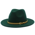 Close-up of deep green wool felt fedora featuring a brown leather belt with gold buckle - Dark Green