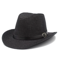 Chapeau fedora en paille tressée noire avec ruban en similicuir et boucle dorée élégante - Noir