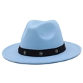 Detail of light blue wool felt fedora featuring a black band with rhinestone circular patterns - Light Blue