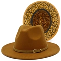 Caramel felt fedora hat for women and men with leopard print brim and leather band - Brown