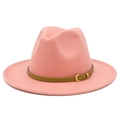 Detail of pink wool fedora hat featuring a tan leather belt and gold metal buckle - Flesh Pink