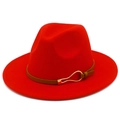 Detail of red fedora hat featuring a brown leather band and golden metal buckle - Red