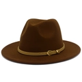 Detail of dark brown wool fedora hat with khaki leather strap and gold buckle - Coffee