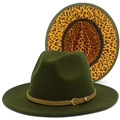 Detail view of military green wool fedora hat with leopard print lining and belt buckle - Army Green