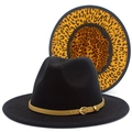 Black fedora hat with leopard print brim interior and brown leather belt buckle - Black
