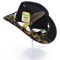 Detail of wool fedora featuring gold floral prints, woven band and decorative feather - One Size / Black