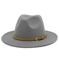 Detail of grey felt fedora hat featuring a camel leather band and golden metal buckle - Gray