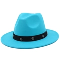 Detail of sky blue wool fedora hat with black band and sparkling rhinestone flowers - Sky Blue