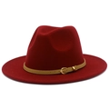 Detailed close-up of a burgundy fedora hat featuring a beige leather strap and gold buckle - Burgundy